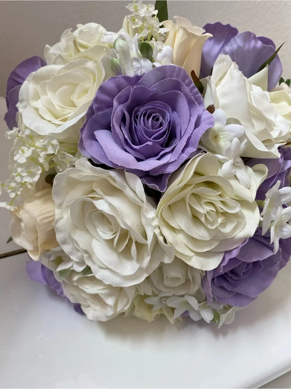 Elegant Cream and Lavender Artificial Rose Cascading Bridal Bouquet
